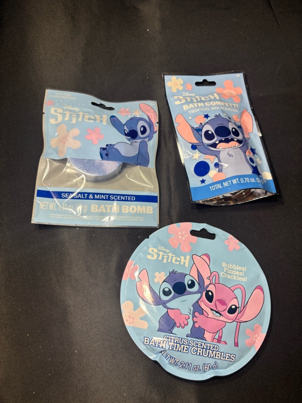 New 3 pc Disney Stitch Bath Bomb & Bath Crumbles Set - Blue + Pink